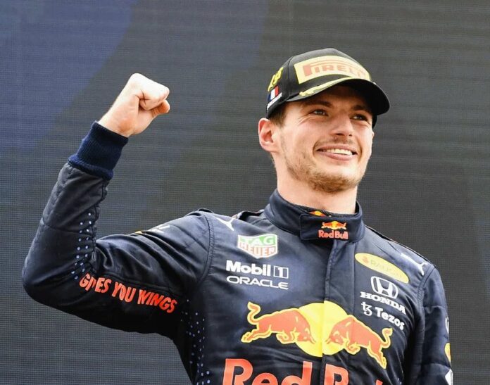 Max Verstappen on the podium after winning the 2021 French Grand Prix.