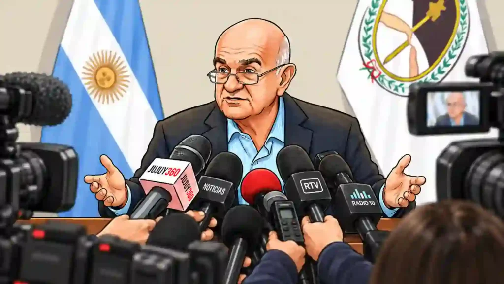 Ilustración editorial de Alberto Siufi en conferencia sobre SISVIAL, Ruta 34 y fondos viales en Jujuy