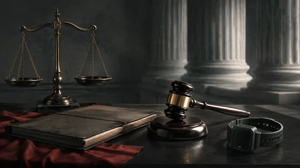 Balanza de justicia, expediente y dispositivo de monitoreo — ilustración editorial