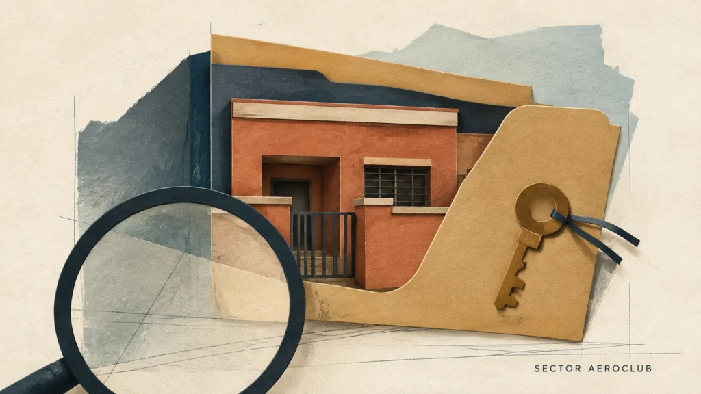Ilustración editorial simbólica de un inmueble en el sector Aeroclub de Alto Comedero, con carpeta, llave y lupa