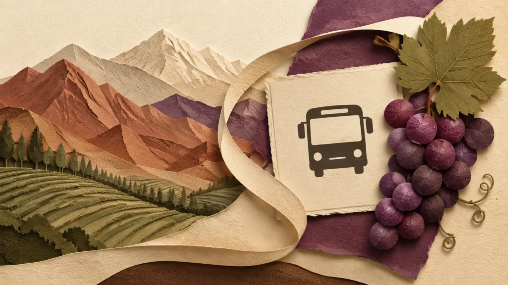 Ilustración editorial del Bus Vitivinícola y el territorio de bodegas de Jujuy