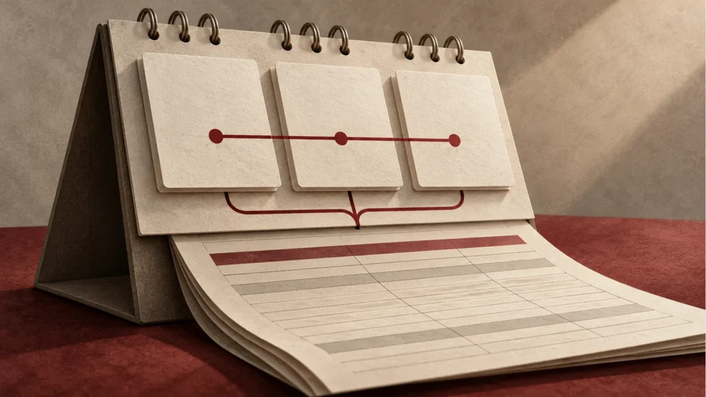 Ilustración editorial de un calendario con tres jornadas conectadas a una hoja conceptual de nómina, para el pago de haberes de septiembre en Jujuy.