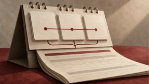 Ilustración editorial de un calendario con tres jornadas conectadas a una hoja conceptual de nómina, para el pago de haberes de septiembre en Jujuy.