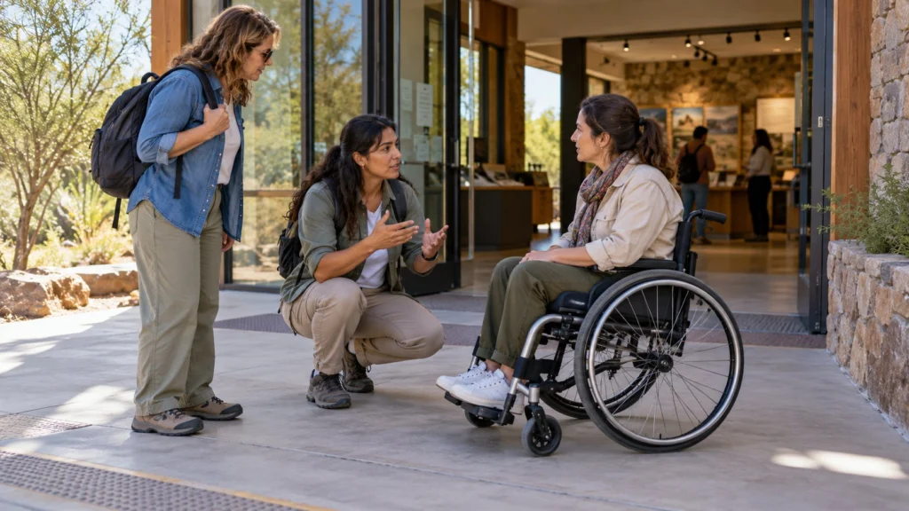 Una guía conversa con una visitante usuaria de silla de ruedas junto al acceso sin escalones de un centro de visitantes.