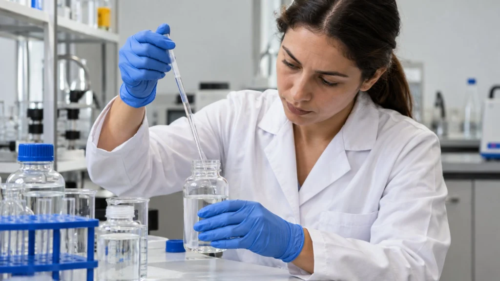 Persona con guantes toma con una pipeta una muestra de agua en un laboratorio ficticio