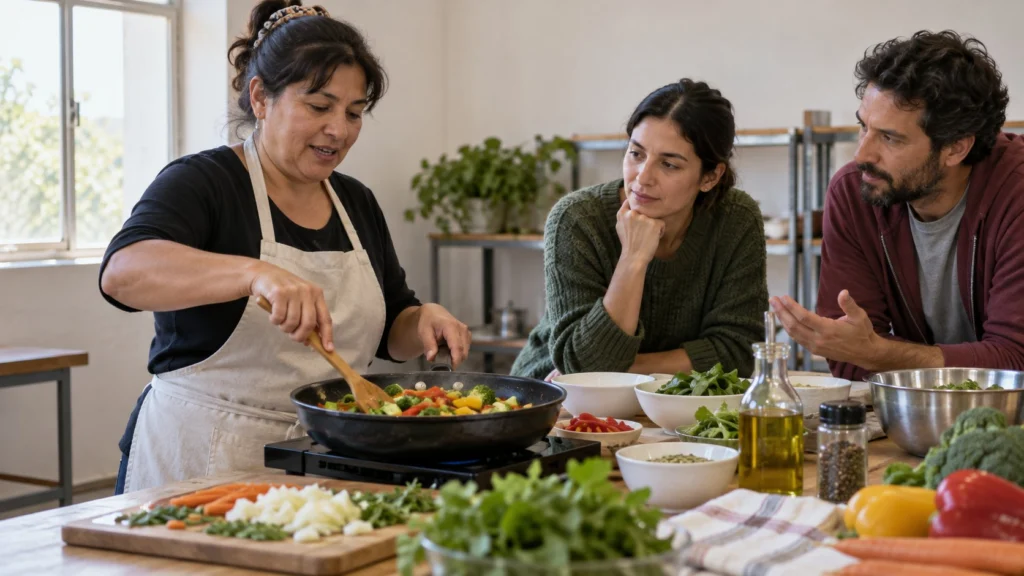 Una persona prepara verduras en una sartén mientras dos adultos observan una demostración de cocina.