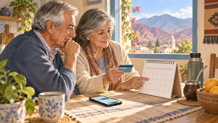 Ilustración de una pareja mayor que revisa un calendario y una tarjeta bancaria en su hogar.