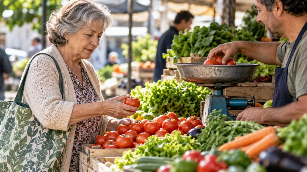 Mujer mayor eligiendo tomates mientras un comerciante pesa verduras en un puesto de mercado.