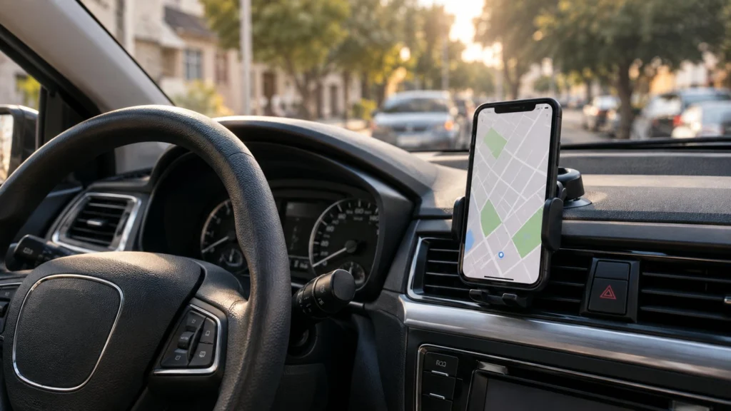 Teléfono en soporte fijo del tablero de un auto estacionado, junto al volante.