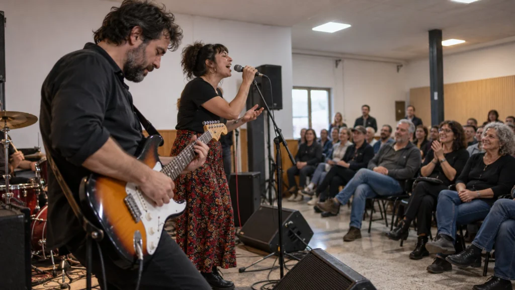 Cantante y guitarrista frente a un público sentado en un salón techado.