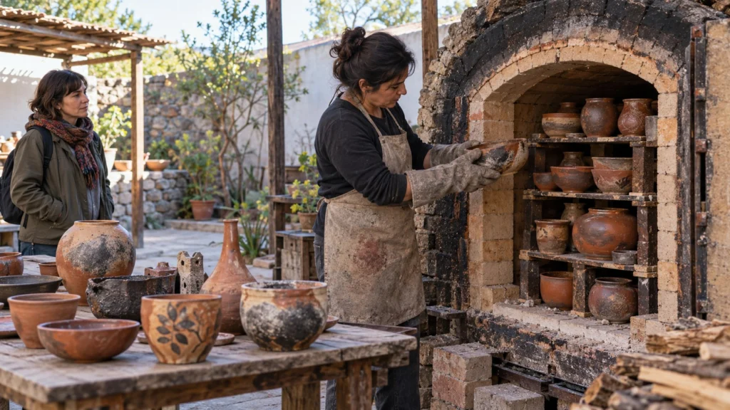 Una ceramista con guantes retira un cuenco de un horno de ladrillos mientras otra adulta observa