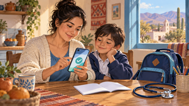 Ilustración de una madre y su hijo con un teléfono, una libreta, una mochila y un estetoscopio.