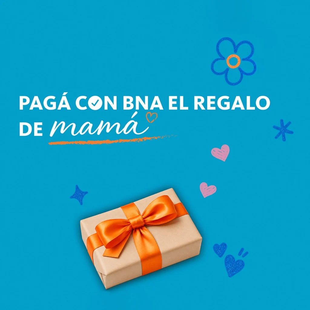 Pieza promocional del Banco Nación con una caja de regalo sobre fondo turquesa