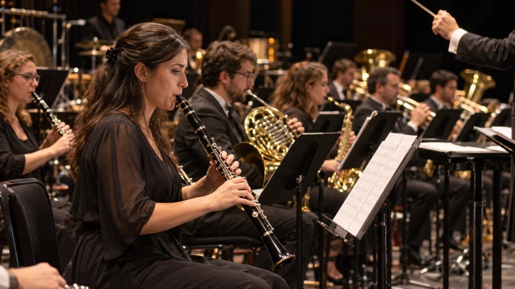 Una clarinetista toca junto a músicos de viento y percusión durante un concierto recreado