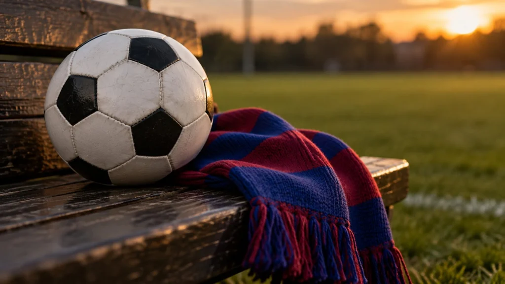 Pelota de fútbol y bufanda azul y granate sobre un banco de madera