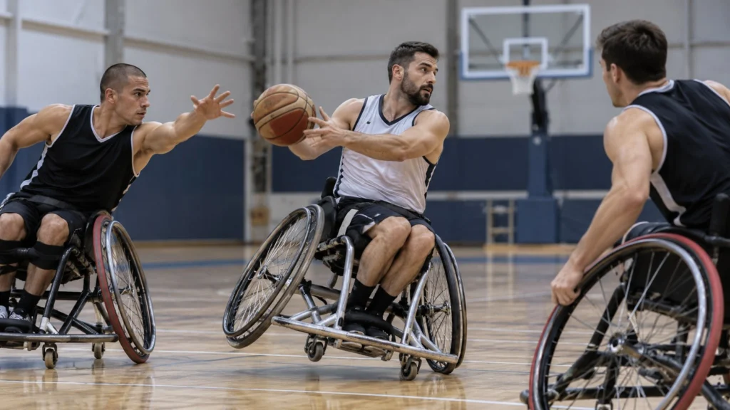 Tres jugadores ficticios disputan un pase de básquet en sillas de ruedas deportivas dentro de un gimnasio.