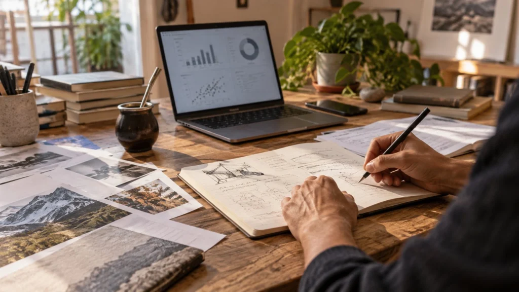 Manos adultas preparan un proyecto con cuaderno, papeles y computadora sobre una mesa.