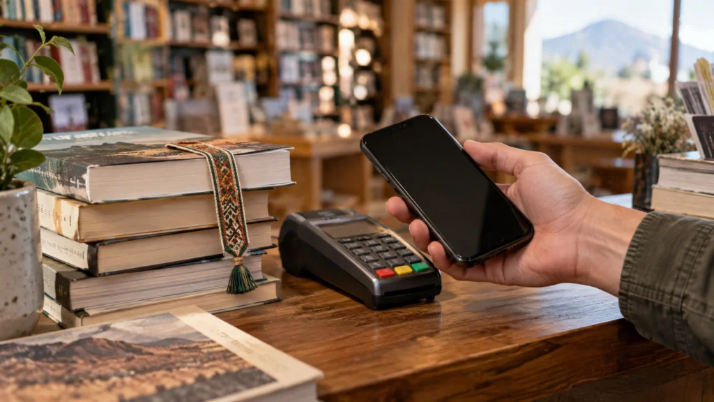 Una mano sostiene un teléfono junto a libros y una terminal de pago.