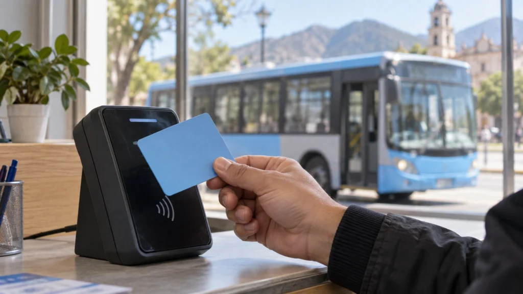 Una mano acerca una tarjeta de transporte a un lector, con un colectivo urbano desenfocado al fondo.