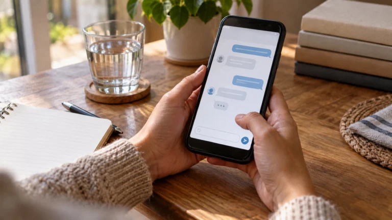 Manos adultas sosteniendo un teléfono con una conversación genérica sin mensajes legibles.
