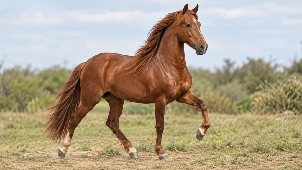 Ilustración generada con IA de un caballo peruano de paso castaño en movimiento en un entorno rural.