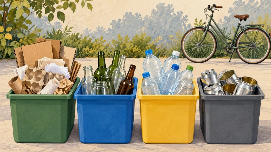 Ilustración editorial con materiales reciclables separados en recipientes sin logos y una bicicleta al fondo.