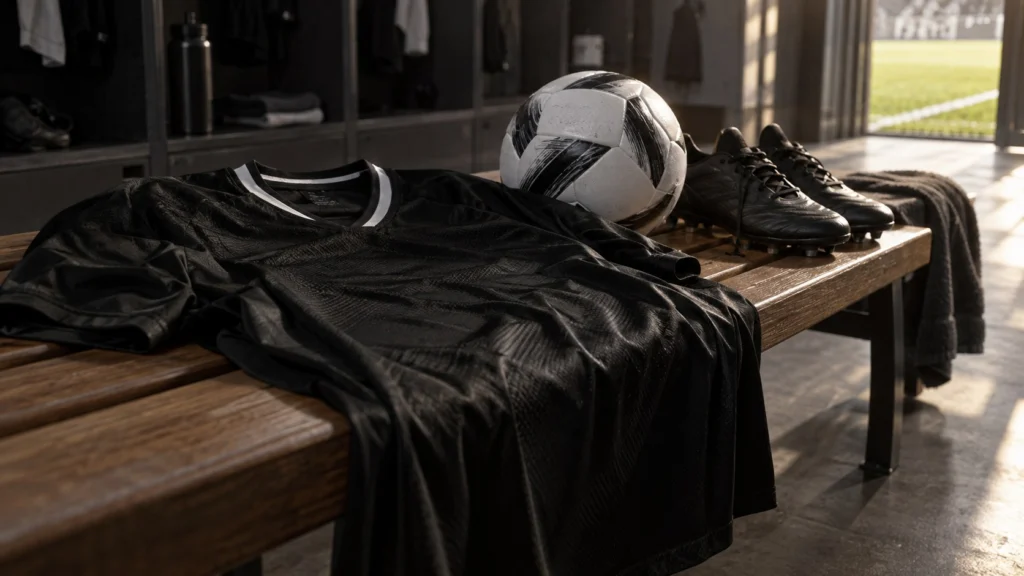 Camiseta negra con cuello blanco sobre un banco de vestuario, junto a una pelota y botines negros.