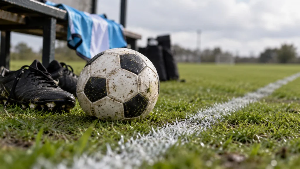 Pelota y botines sobre el césped junto a una línea blanca y una prenda celeste y blanca en un banco