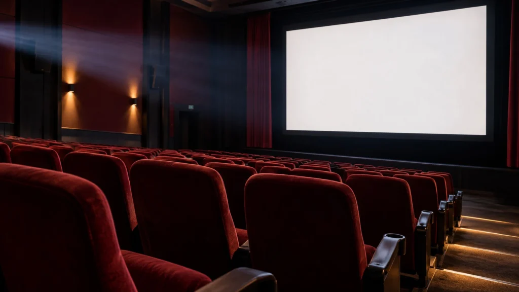 Sala de cine vacía con butacas rojas, pantalla y haz de un proyector.