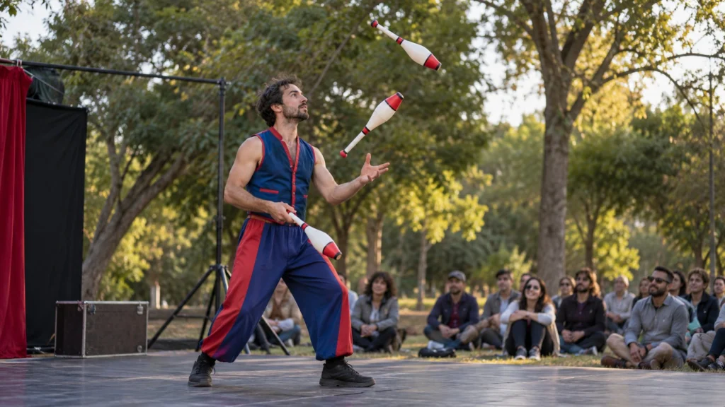 Un artista adulto hace malabares con tres clavas ante espectadores sentados en un parque