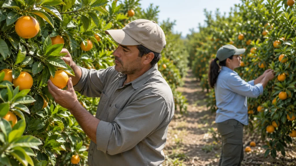 Dos personas revisan frutos y hojas entre árboles de una plantación de naranjas.