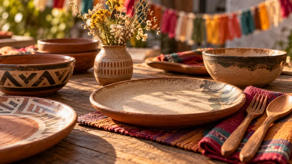 Platos de cerámica y cubiertos de madera sobre una mesa con textiles de colores.