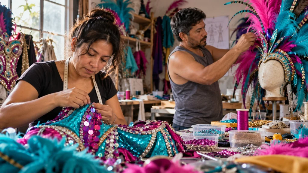 Dos personas confeccionan un traje con lentejuelas y un tocado de plumas en un taller.