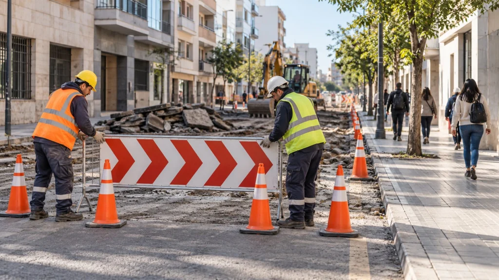 Dos trabajadores colocan una valla y conos ante una calzada en reparación