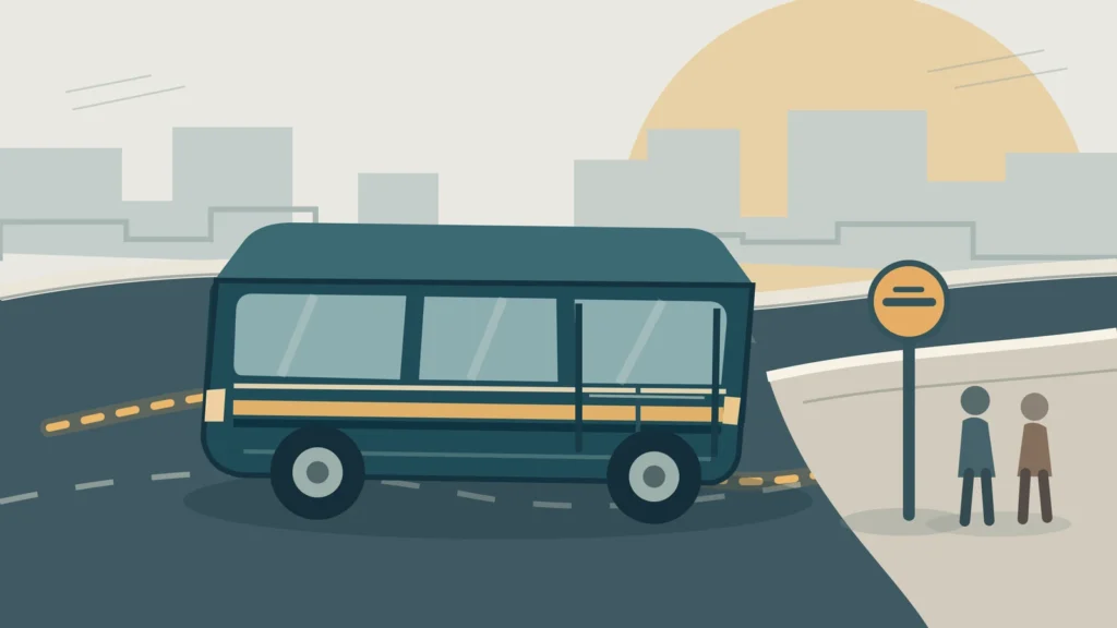 Ilustración editorial de un colectivo que sigue una ruta curva hacia una parada conceptual con personas esperando; representa el desvío y traslado temporal de paradas.