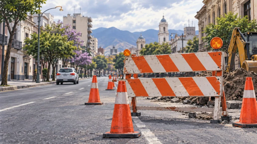 Ilustración de vallas y conos en una calle con obras.