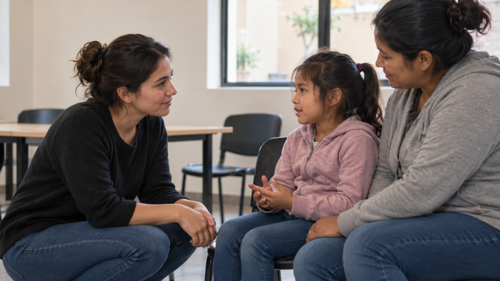 Una adulta escucha a una niña acompañada por otra adulta en una sala comunitaria; escena recreada.