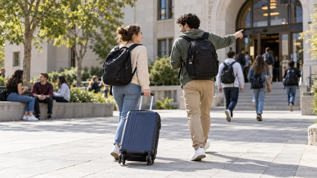 Dos adultos con mochilas y una maleta se dirigen a la entrada de un campus universitario recreado