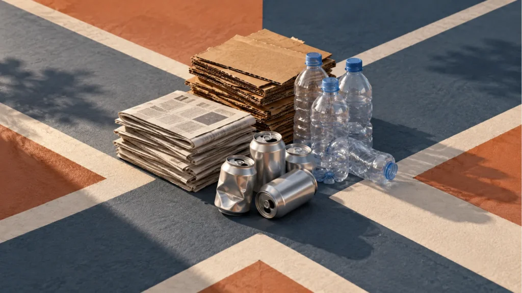 Papeles, cartones, botellas plásticas y latas de aluminio separados para reciclar.