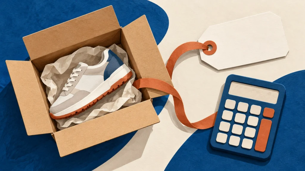Ilustración de una zapatilla en una caja, una etiqueta sin precio y una calculadora unidas por una cinta.