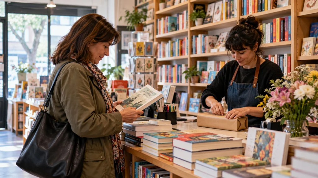 Una clienta elige un libro mientras una librera envuelve una compra en el mostrador