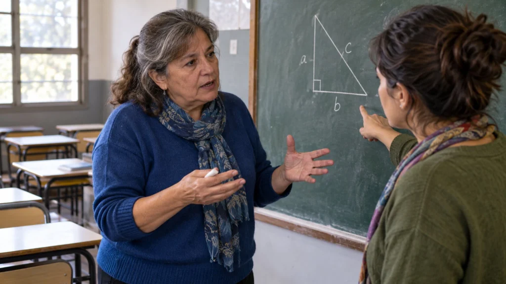 Dos docentes ficticias intercambian ideas junto a un pizarrón en un aula