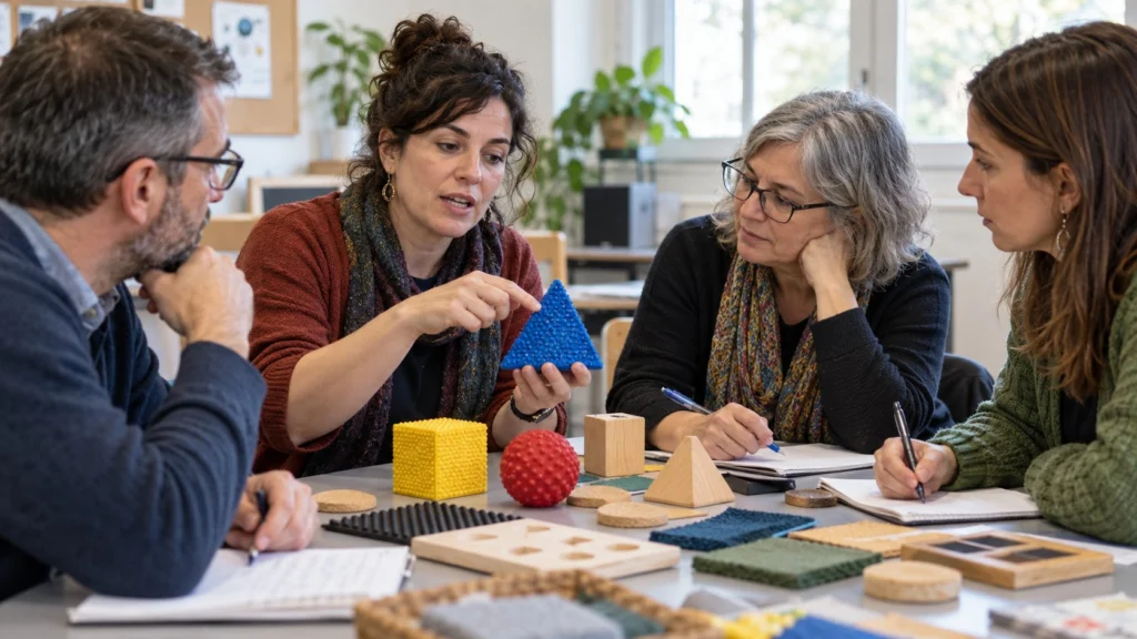 Cuatro adultos conversan sobre materiales didácticos de distintas formas y texturas