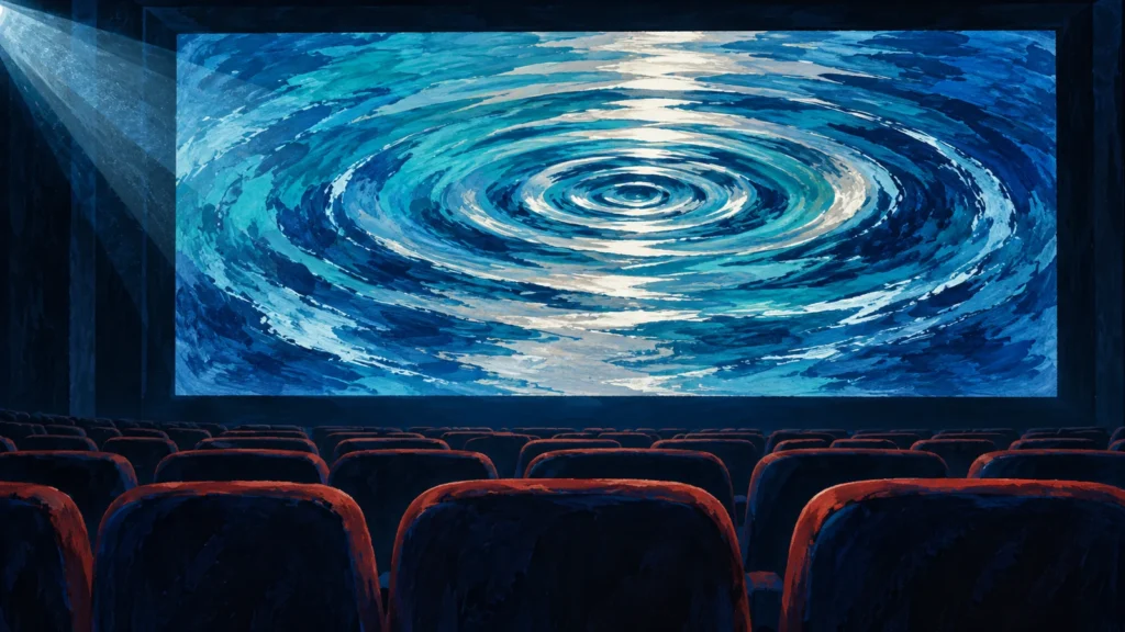 Ilustración de una sala de cine con ondas de agua proyectadas en la pantalla