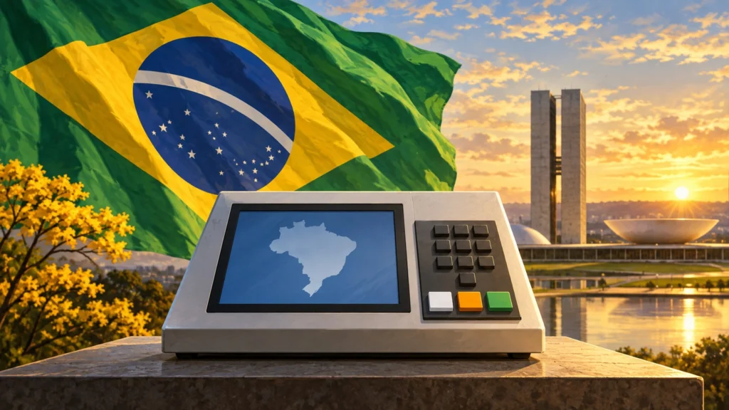 Ilustración de una urna electrónica genérica, la bandera de Brasil y la arquitectura de Brasilia al amanecer.
