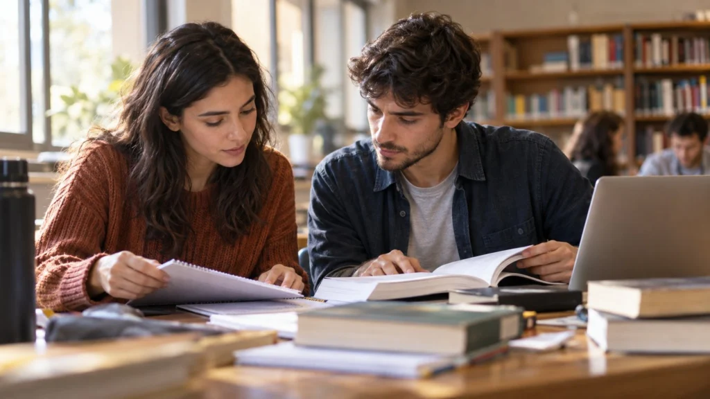 Dos estudiantes adultos revisan un libro y un cuaderno en una biblioteca genérica.