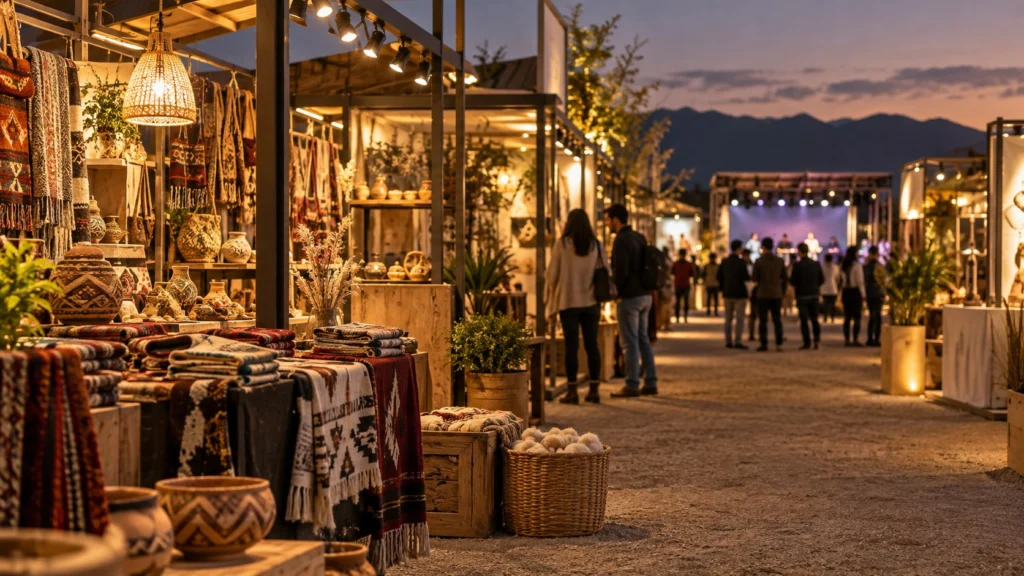 Stands iluminados con textiles y cerámica, visitantes y un escenario al fondo.