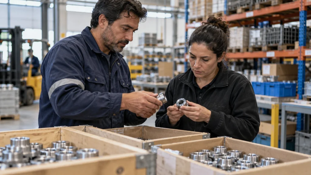 Dos personas ficticias revisan piezas metálicas junto a cajas abiertas en un depósito industrial.
