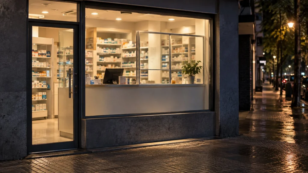 Ventanilla iluminada de una farmacia genérica al anochecer.