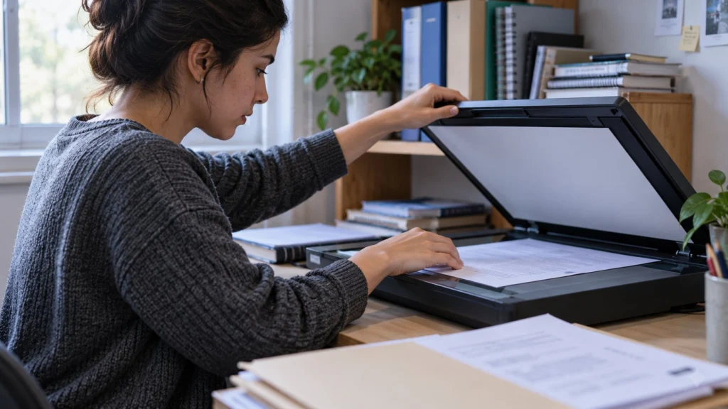 Una persona prepara un documento en un escáner de mesa
